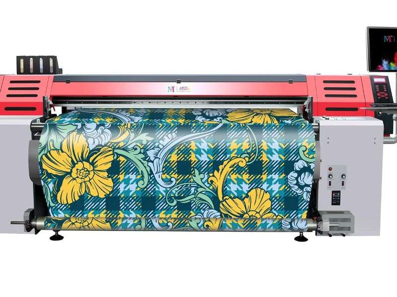 YucaiFJ factory floor: digital sublimation printing a custom swimwear design onto white greige fabric, shortening lead time by avoiding a dye vat